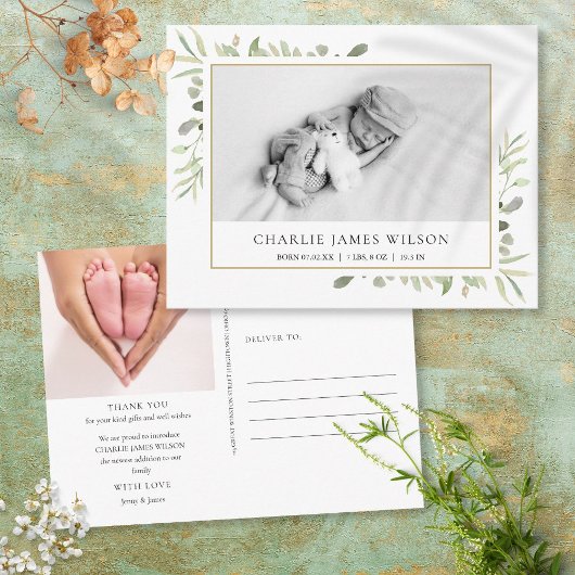 Babyfoto Waterverf Groen Geboortekaartje Bedankt Briefkaart