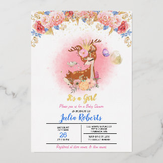 Babyhertje Roze Bloemige Bosmeisje Baby Shower Folie Uitnodiging