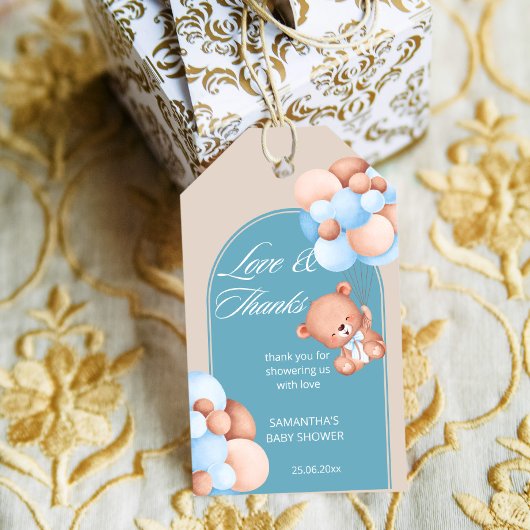 Babyjongen blauwe beige ballonnen baby shower beda cadeaulabel