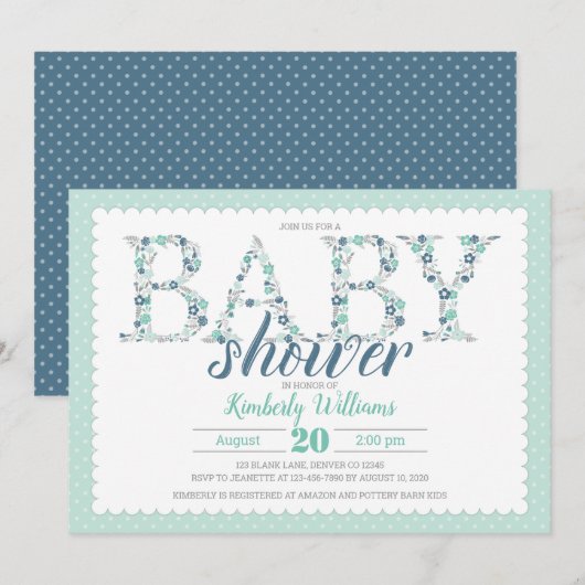 babyjongen - douche - uitnodiging floral mint gree (Voorkant / Achterkant)