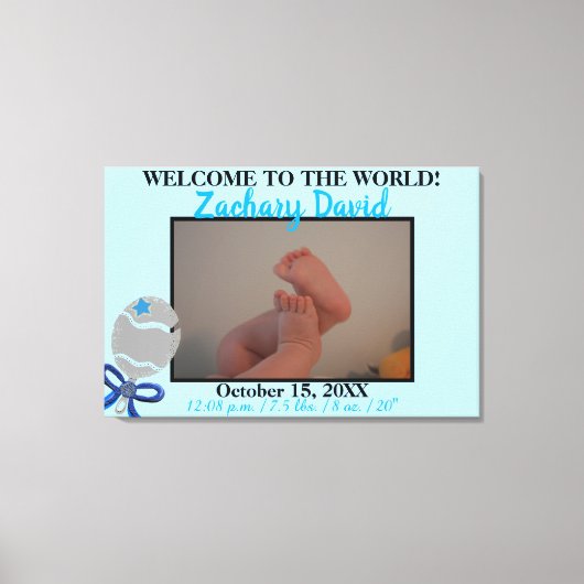 Babyjongen Ratel Foto Geboorte Stats 36" x 24" Canvas Afdruk (Voorkant)