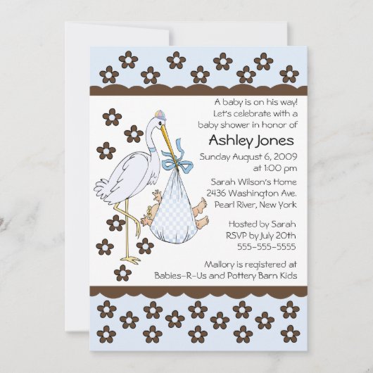 Babyjongen Stork Boy Baby Shower Invitations Kaart (Voorkant)