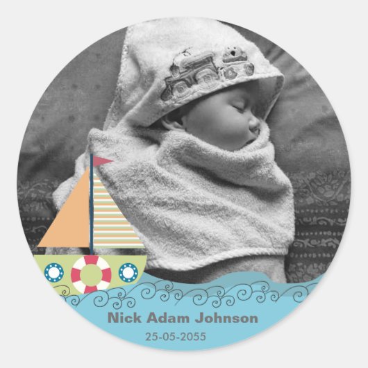 Babyjongens Naam en foto-etiket ticker Ronde Sticker (Voorkant)