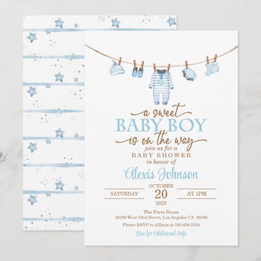 Babykleding Baby shower Invitation - Blauw Kaart (Voorkant / Achterkant)