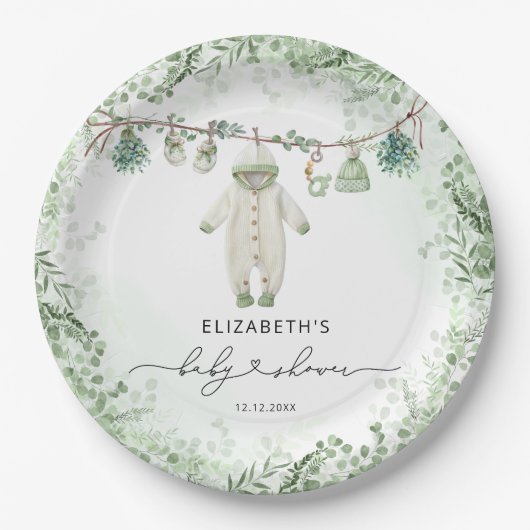 Babykleding Boho Eucalyptus Baby shower Papieren Bordje (Voorkant)