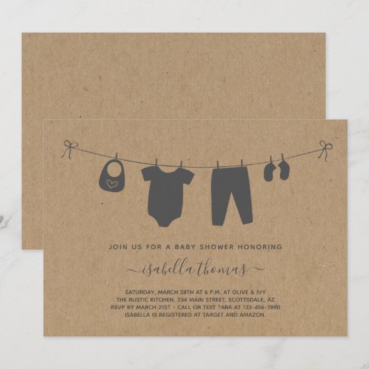 Babykleding op Clothesline Baby shower Invitation Bedankkaart (Voorkant / Achterkant)