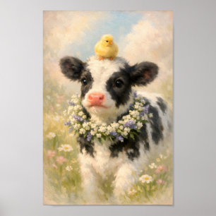 Babykoe met kuiken en bloemenkrans Schilderij Poster