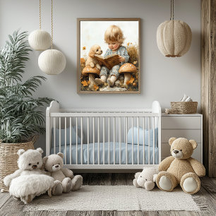 Babymeisje leest voor aan bruine puppy tussen padd poster