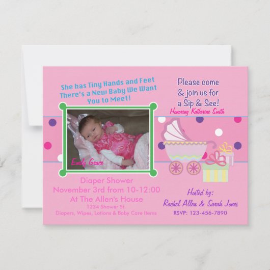 Babymeisje Sip & zie Shower Invitation Kaart (Voorkant)