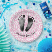Babymeisje Voetafdruk op Roze en Wit Papieren Bordje (Feest)