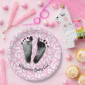 Babymeisje Voetafdruk op Roze en Wit Papieren Bordje (Feest)
