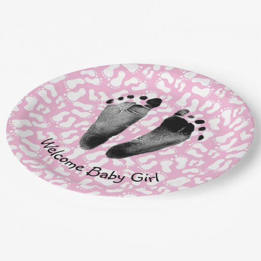 Babymeisje Voetafdruk op Roze en Wit Papieren Bordje (Gekanteld)