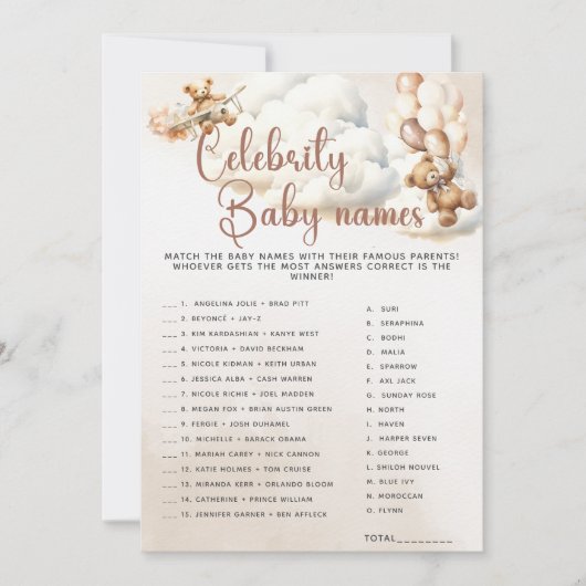 BABYNAMEN VAN BEROEMDHEDEN Baby Shower Spel Lieve Kaart (Voorkant)