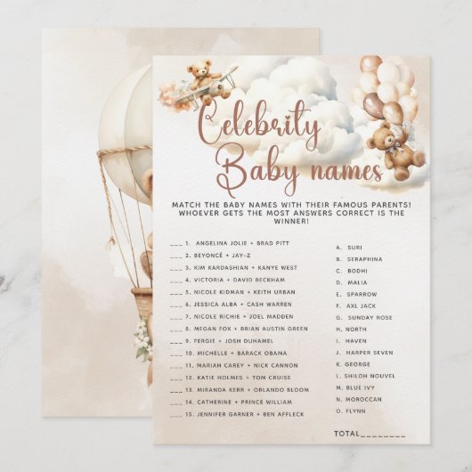 BABYNAMEN VAN BEROEMDHEDEN Baby Shower Spel Lieve  Kaart (Voorkant / Achterkant)