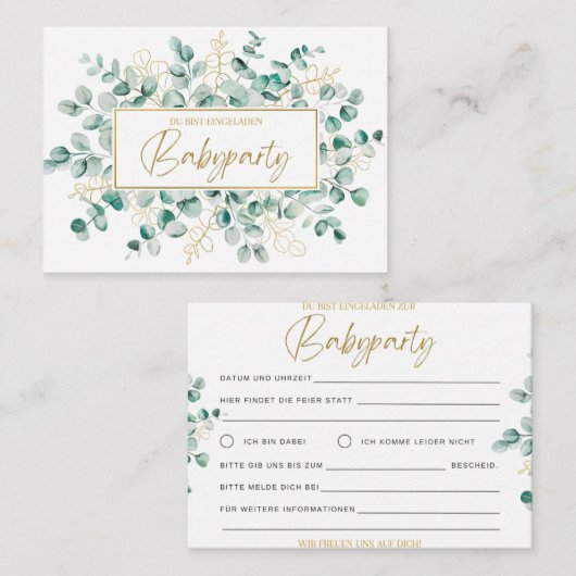 Babyparty Einladung – Eukalyptus Grün Baby Shower Notitiekaartje (Voorkant / Achterkant)