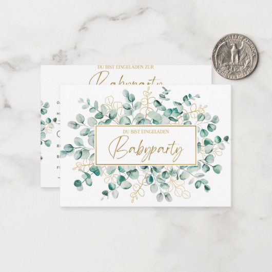 Babyparty Einladung – Eukalyptus Grün Baby Shower Notitiekaartje (Voorkant / Achterkant in situ)