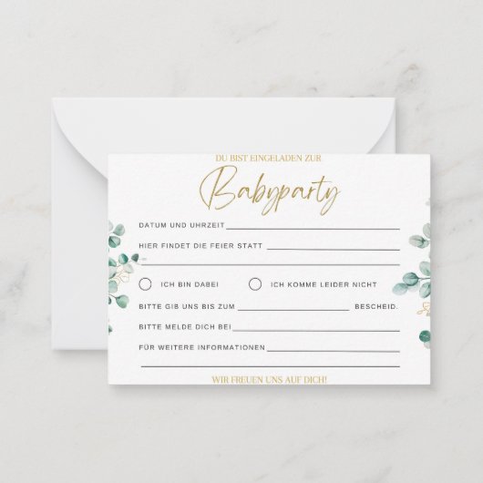 Babyparty Einladung – Eukalyptus Grün Baby Shower Notitiekaartje (Achterkant)