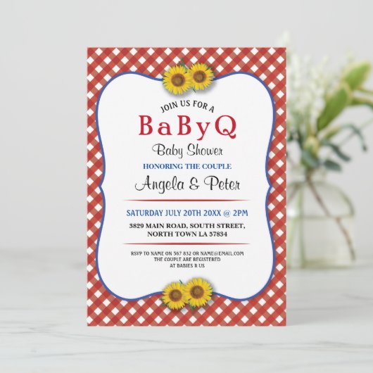 BABYQ Baby shower BBQ Party Koppels Rood Uitnodige Kaart (Staand voorkant)