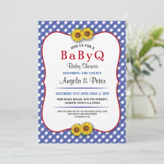 BABYQ Baby shower BBQ Party Zonnebloem Blauw Uitno Kaart (Staand voorkant)