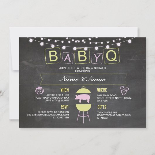 BABYQ Baby shower Roze Krijt Hog Roast Uitnodigen Kaart (Voorkant)