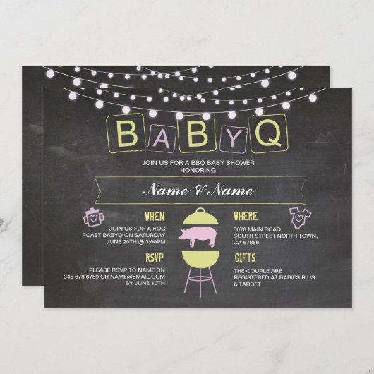 BABYQ Baby shower Roze Krijt Hog Roast Uitnodigen Kaart (Voorkant / Achterkant)