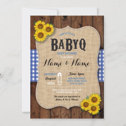 BaByQ BBQ Baby shower Blauwe Zonnebloem Uitnodigen Kaart (Voorkant)