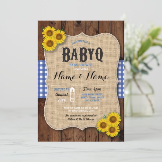 BaByQ BBQ Baby shower Blauwe Zonnebloem Uitnodigen Kaart (Staand voorkant)