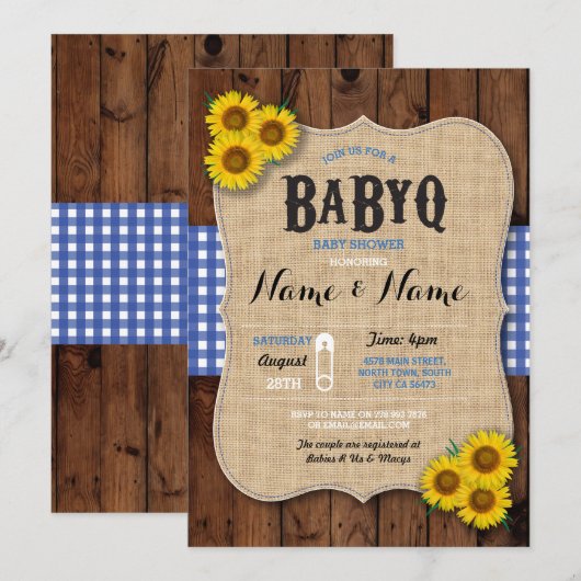 BaByQ BBQ Baby shower Blauwe Zonnebloem Uitnodigen Kaart (Voorkant / Achterkant)
