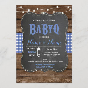 BaByQ BBQ Baby shower Blue Chalk Wood Invite Kaart