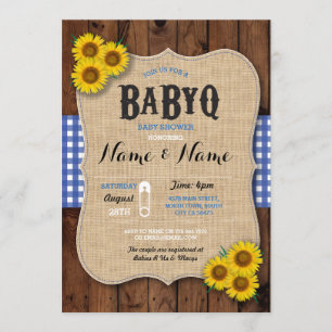 BaByQ BBQ Baby shower Blue Sunflower Invite Kaart