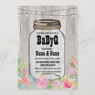 BaByQ BBQ Baby shower Jar Pink Floral Wood Invite Kaart