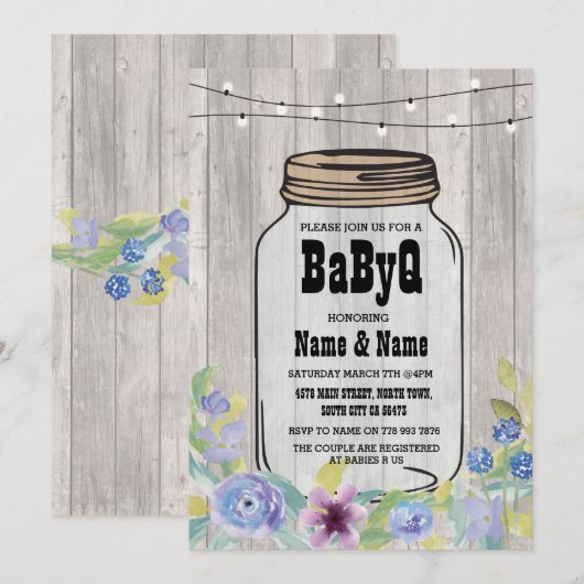 BaByQ BBQ Baby shower Jar StringLights Uitnodiging (Voorkant / Achterkant)