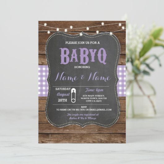 BaByQ BBQ Baby shower Paarse Krijt Hout Uitnodigen Kaart (Staand voorkant)