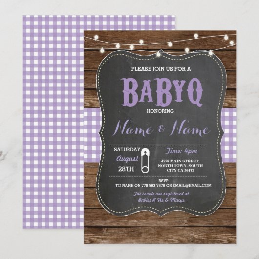 BaByQ BBQ Baby shower Paarse Krijt Hout Uitnodigen Kaart (Voorkant / Achterkant)