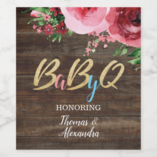 BabyQ BBQ Baby shower Wijnfles Label Wood Wijn Etiket (Enkel label)