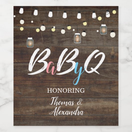 BabyQ BBQ Baby shower Wijnfles Label Wood Wijn Etiket (Enkel label)
