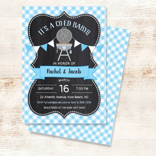 BABYQ Blue Gingham Chalkboard Boy Baby shower Kaart