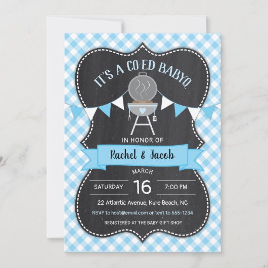 BABYQ Blue Gingham Chalkboard Boy Baby shower Kaart (Voorkant)