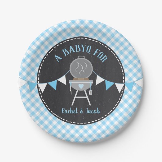 BABYQ Blue Gingham Chalkboard Boy Baby shower Papieren Bordje (Voorkant)