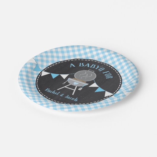 BABYQ Blue Gingham Chalkboard Boy Baby shower Papieren Bordje (Gekanteld)