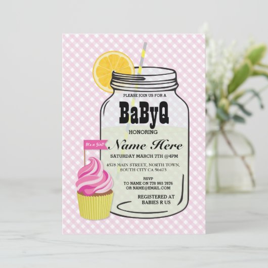 BaByQ Gender Reveal Baby shower Roze Check Uitnodi Kaart (Staand voorkant)