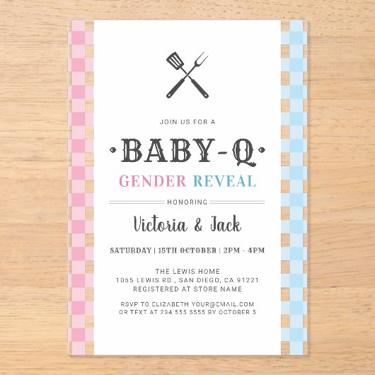 BabyQ Geslacht Reveal Gingham BBQ Acryl Uitnodigingen (Voorkant)