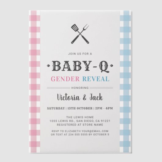 BabyQ Geslacht Reveal Gingham BBQ Vellum Uitnodigingen (Voorkant)