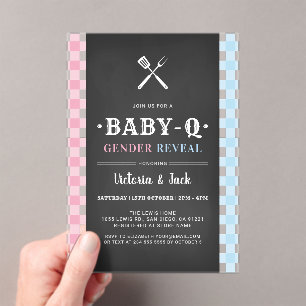 BabyQ Geslacht Reveal Gingham BBQ Zwart Acryl Uitnodigingen