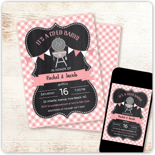 BABYQ Roze Gingham Chalkboard Girl Baby shower Kaart