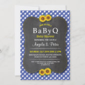 BABYQ Zonnebloem Baby shower BBQ Paar Blauw Uitnod Kaart (Voorkant)