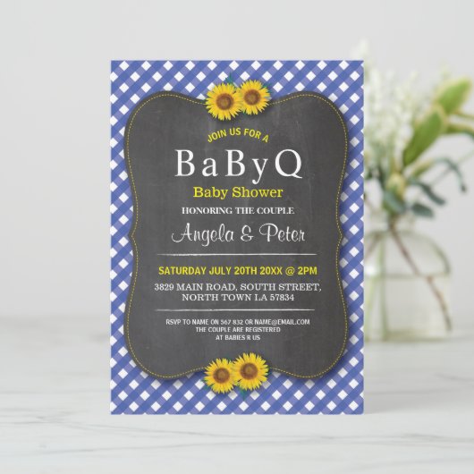 BABYQ Zonnebloem Baby shower BBQ Paar Blauw Uitnod Kaart (Staand voorkant)