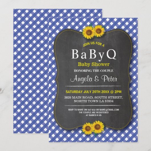BABYQ Zonnebloem Baby shower BBQ Paar Blauw Uitnod Kaart (Voorkant / Achterkant)