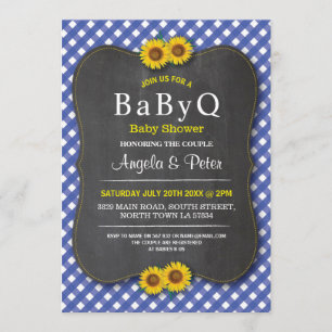 BABYQ Zonnebloem Baby shower BBQ Paar Blauw Uitnod Kaart
