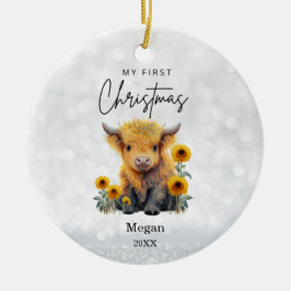 Baby's 1e Eerste Kerstmis Highland Koe Zonnebloeme Keramisch Ornament